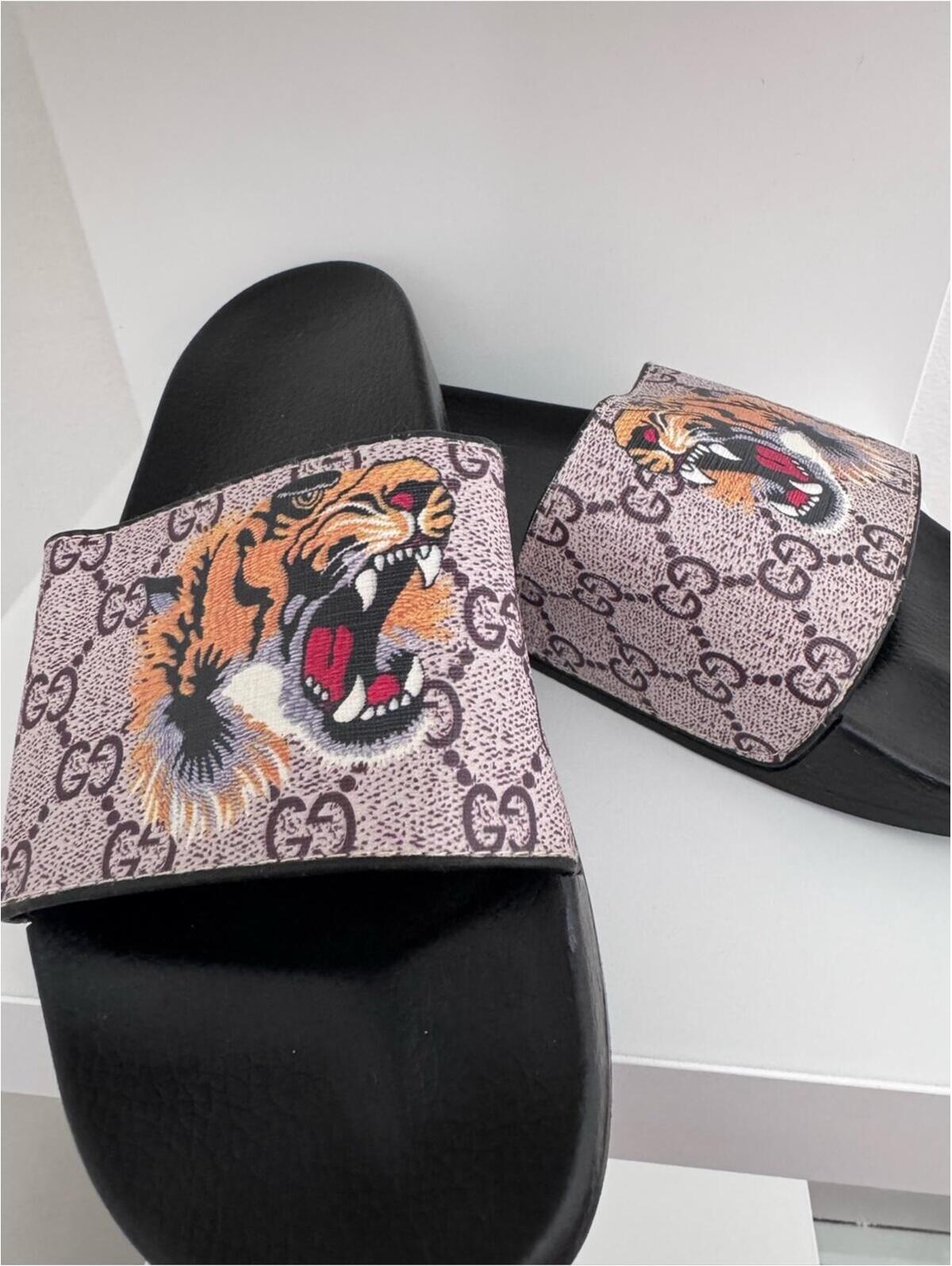 Gucci Black Slides With Beige Monogram And Tiger Print, With Dust Cover Bag.